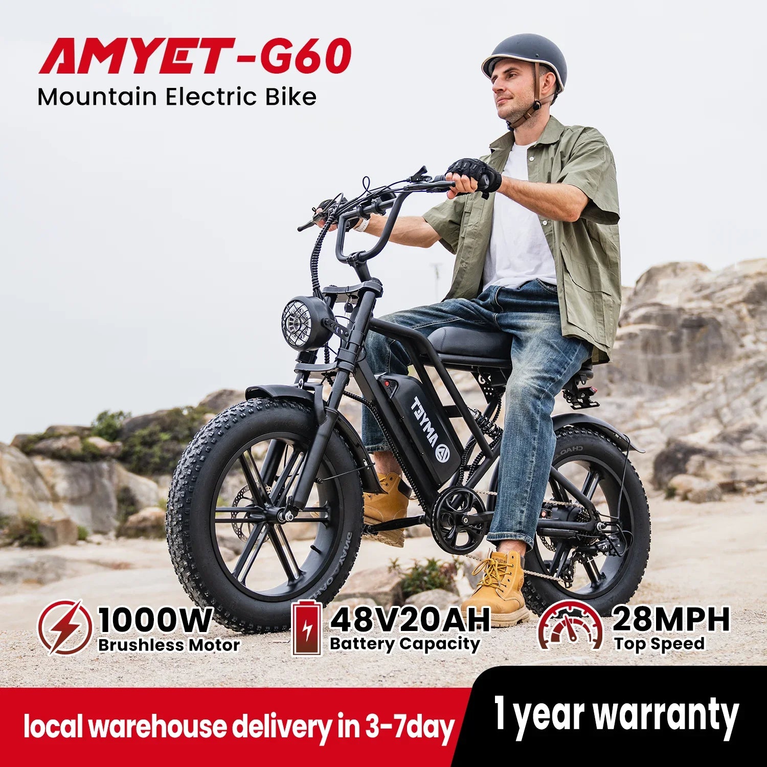 Electric Fat-Tire Bike 1000W (Peak 1500W) – 48V 20Ah Removable Battery, 20×4 in (50.8×10.16 cm) Wheels, 7-Speed, Dual Suspension