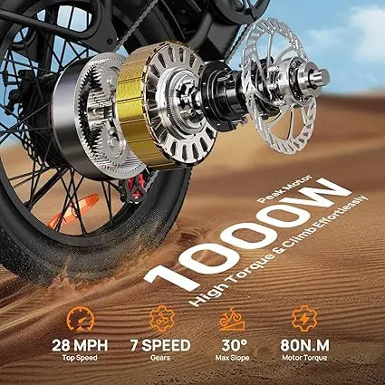 1000W Fat Tire Electric Bike — 48V 13Ah Removable Battery, Up to 28 MPH, 20×3 in Tires, 7-Speed, Dual Disc Brakes