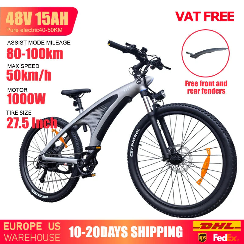 2000W 48V 20Ah Electric Mountain E-Bike — 27.5 in Fat Tire Adult Ebike, IPX6