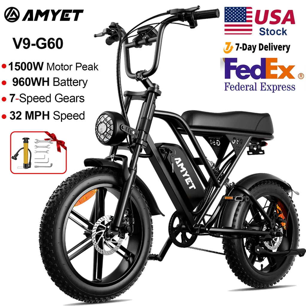 Electric Fat-Tire Bike 1000W (Peak 1500W) – 48V 20Ah Removable Battery, 20×4 in (50.8×10.16 cm) Wheels, 7-Speed, Dual Suspension