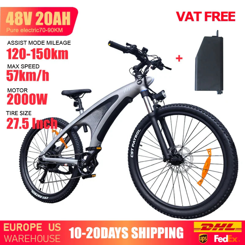 2000W 48V 20Ah Electric Mountain E-Bike — 27.5 in Fat Tire Adult Ebike, IPX6