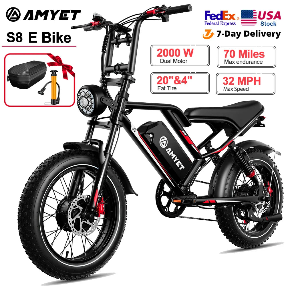 2000W Dual Motor Electric Bike 48V 25Ah | 20 x 4.0 in Fat Tire Ebike, 7-Speed, Full Suspension, Hydraulic Disc Brakes